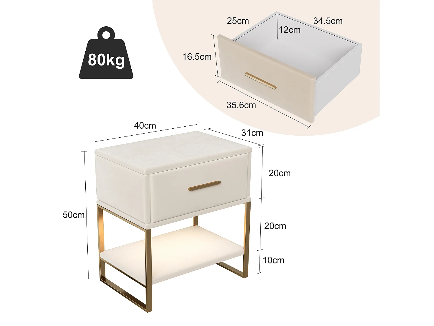 Set van 2 nachtkastjes, ledverlichting, beige fluwelen nachtkastje, 1 lade en open compartimenten, gouden metalen poten
