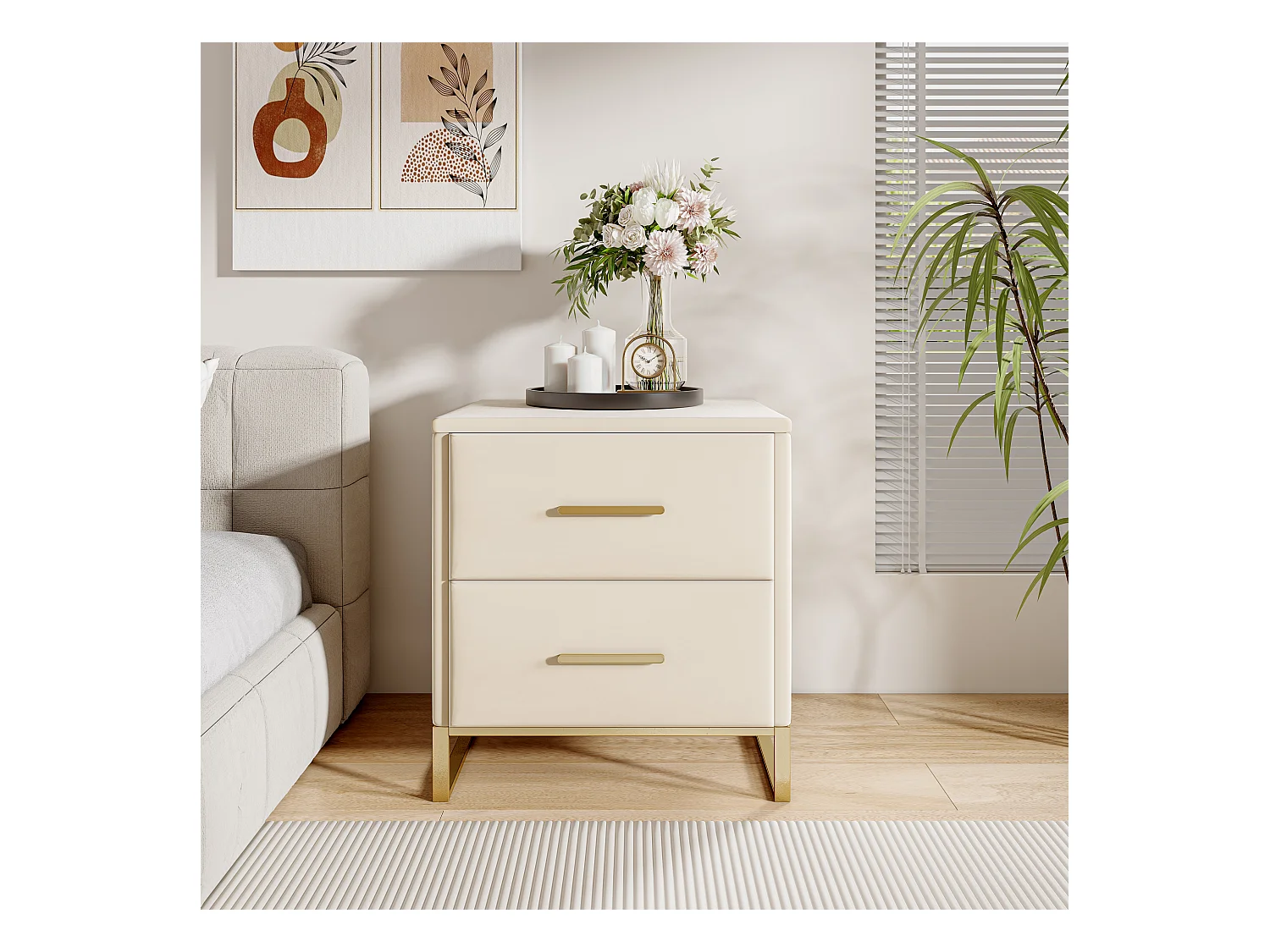 Lot de 2 Table de Chevet, Table de Nuit en Velours avec 2 tiroirs, Table d’Appoint, Meuble de chambre, Table Basse en Tissu, Beige