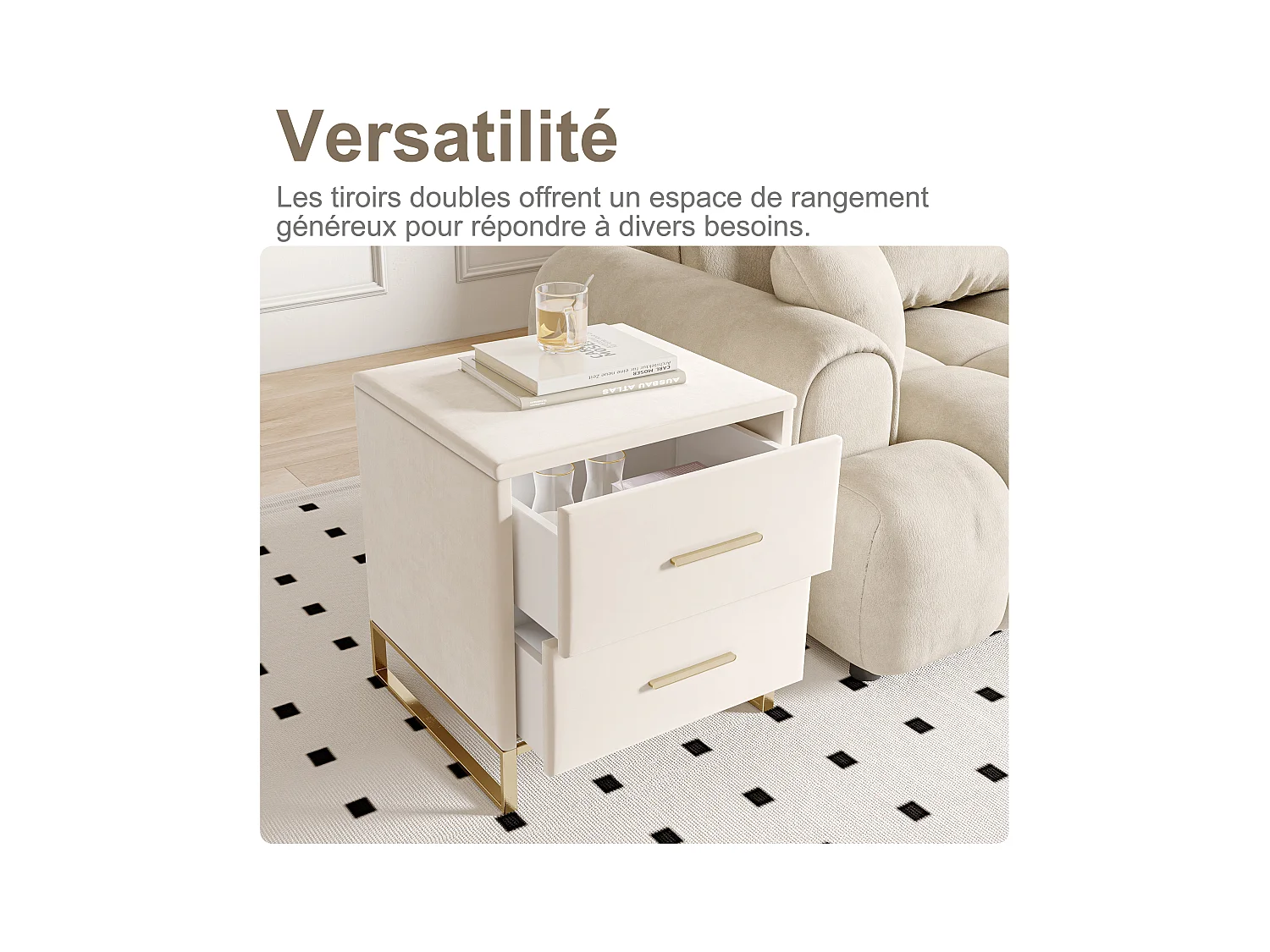 Lot de 2 Table de Chevet, Table de Nuit en Velours avec 2 tiroirs, Table d’Appoint, Meuble de chambre, Table Basse en Tissu, Beige