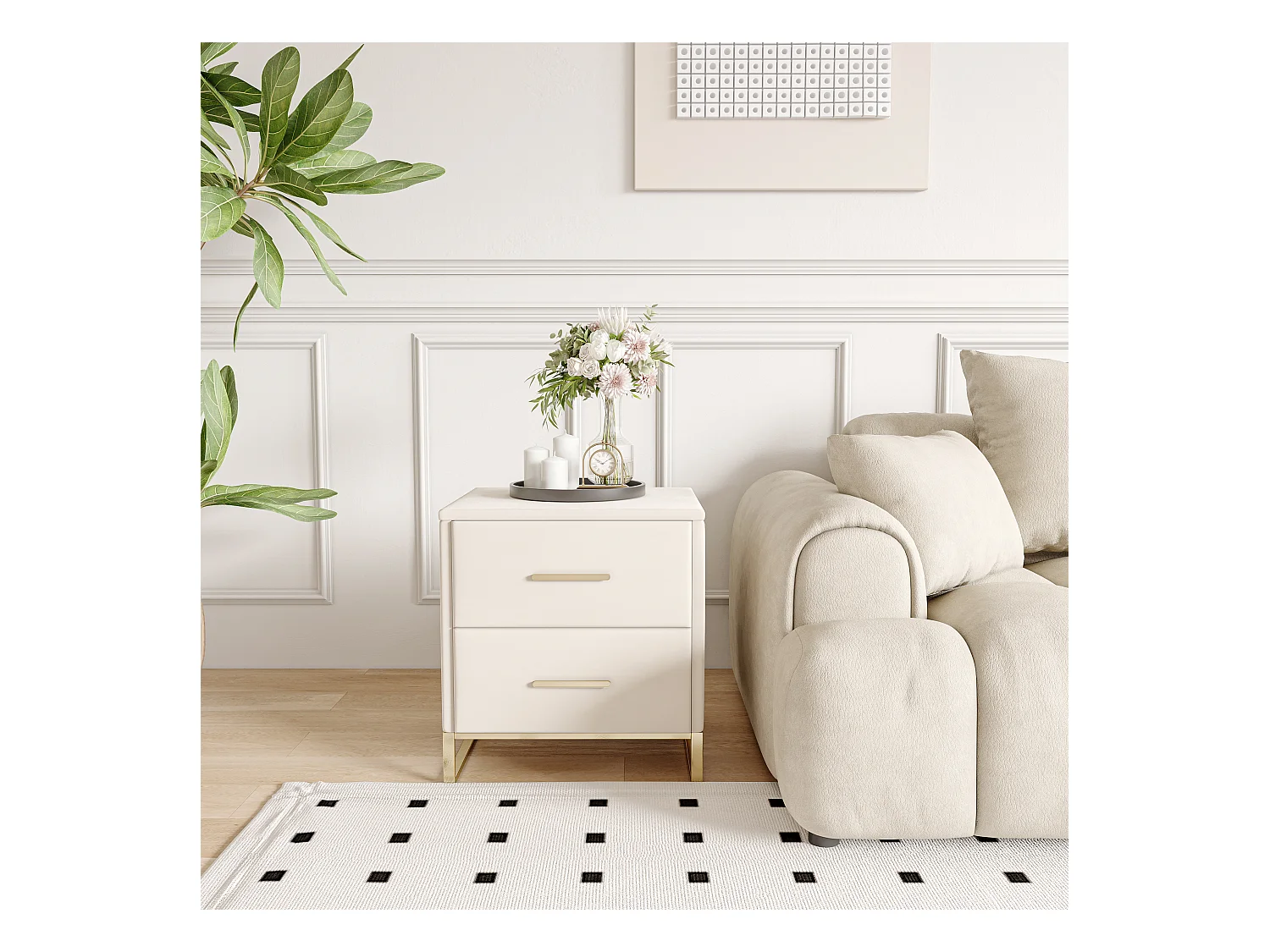 Lot de 2 Table de Chevet, Table de Nuit en Velours avec 2 tiroirs, Table d’Appoint, Meuble de chambre, Table Basse en Tissu, Beige