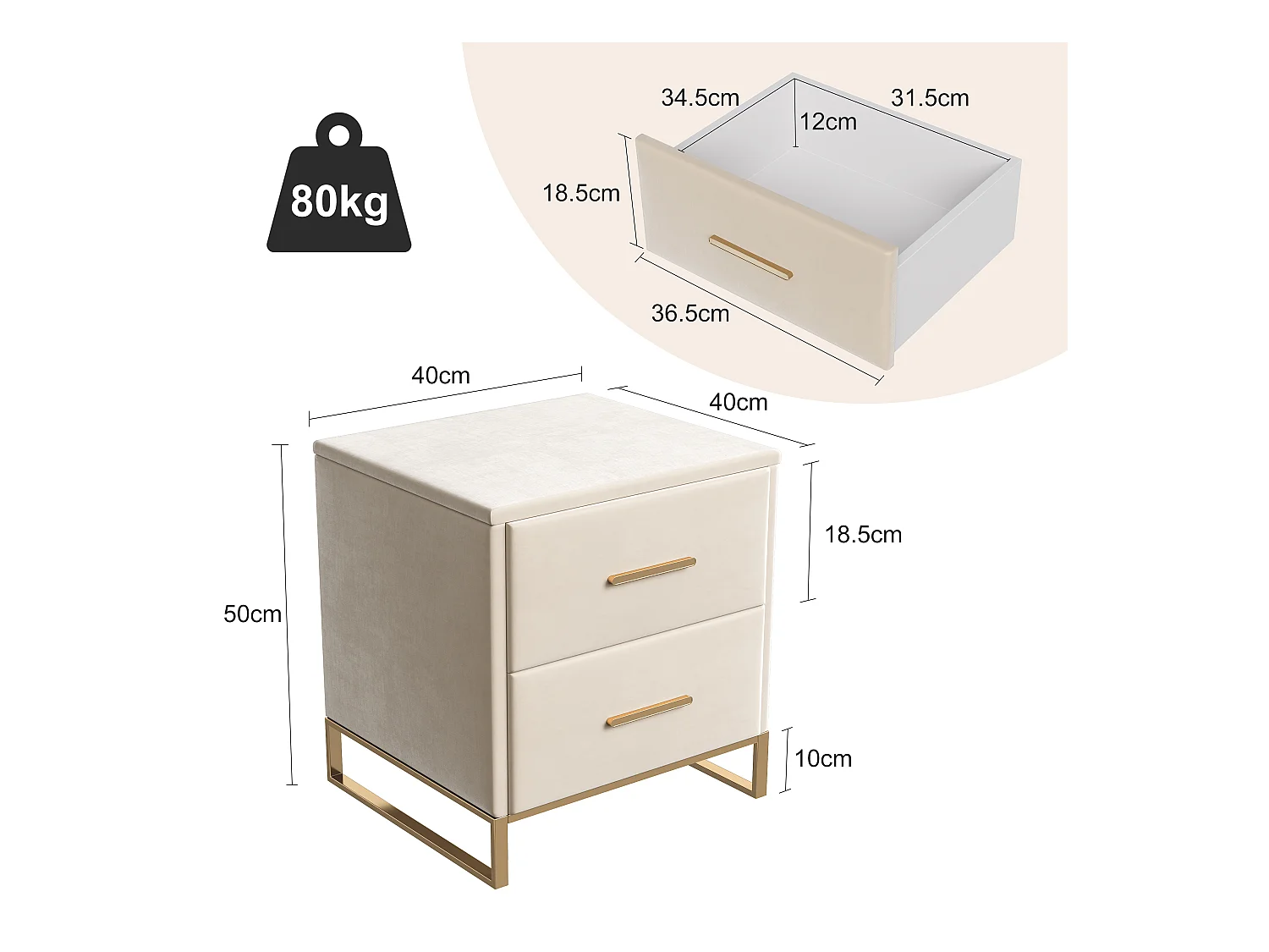 Lot de 2 Table de Chevet, Table de Nuit en Velours avec 2 tiroirs, Table d’Appoint, Meuble de chambre, Table Basse en Tissu, Beige