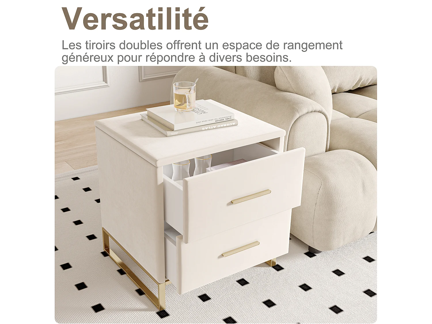 Lot de 2 Table de Chevet, Table de Nuit en Velours avec 2 tiroirs, Table d’Appoint, Meuble de chambre, Table Basse en Tissu, Beige