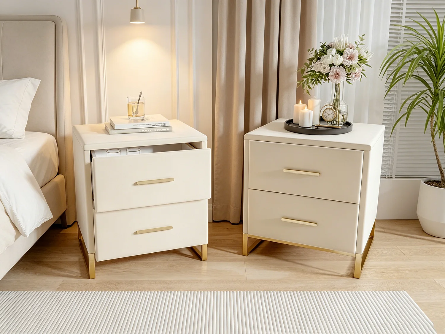 Lot de 2 Table de Chevet, Table de Nuit en Velours avec 2 tiroirs, Table d’Appoint, Meuble de chambre, Table Basse en Tissu, Beige