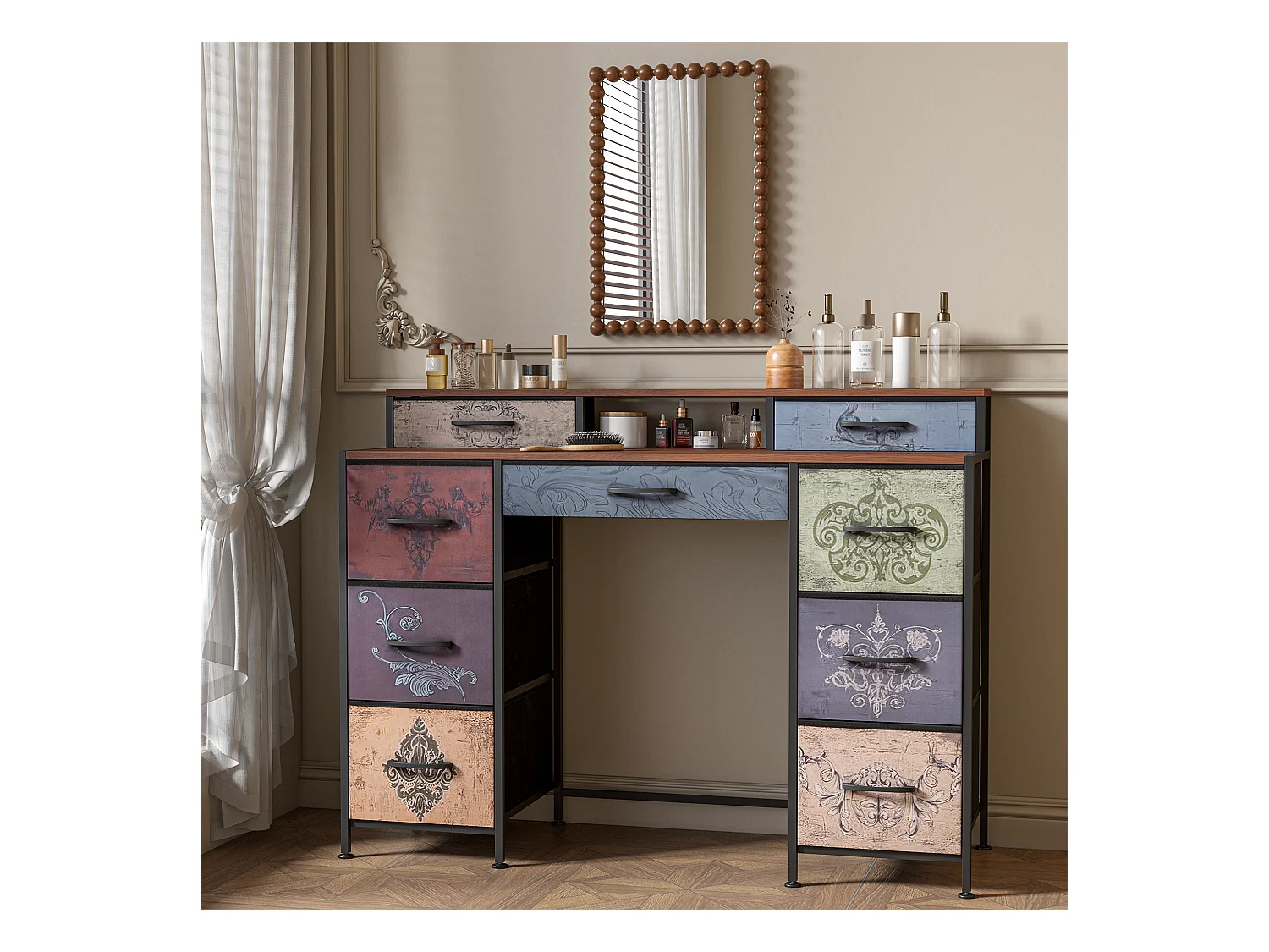 Coiffeuse avec 9 tiroirs en tissu, style bohème, coiffeuse, chambre à coucher, Commode longue pour placard, 121 x 40 x 91,2 cm