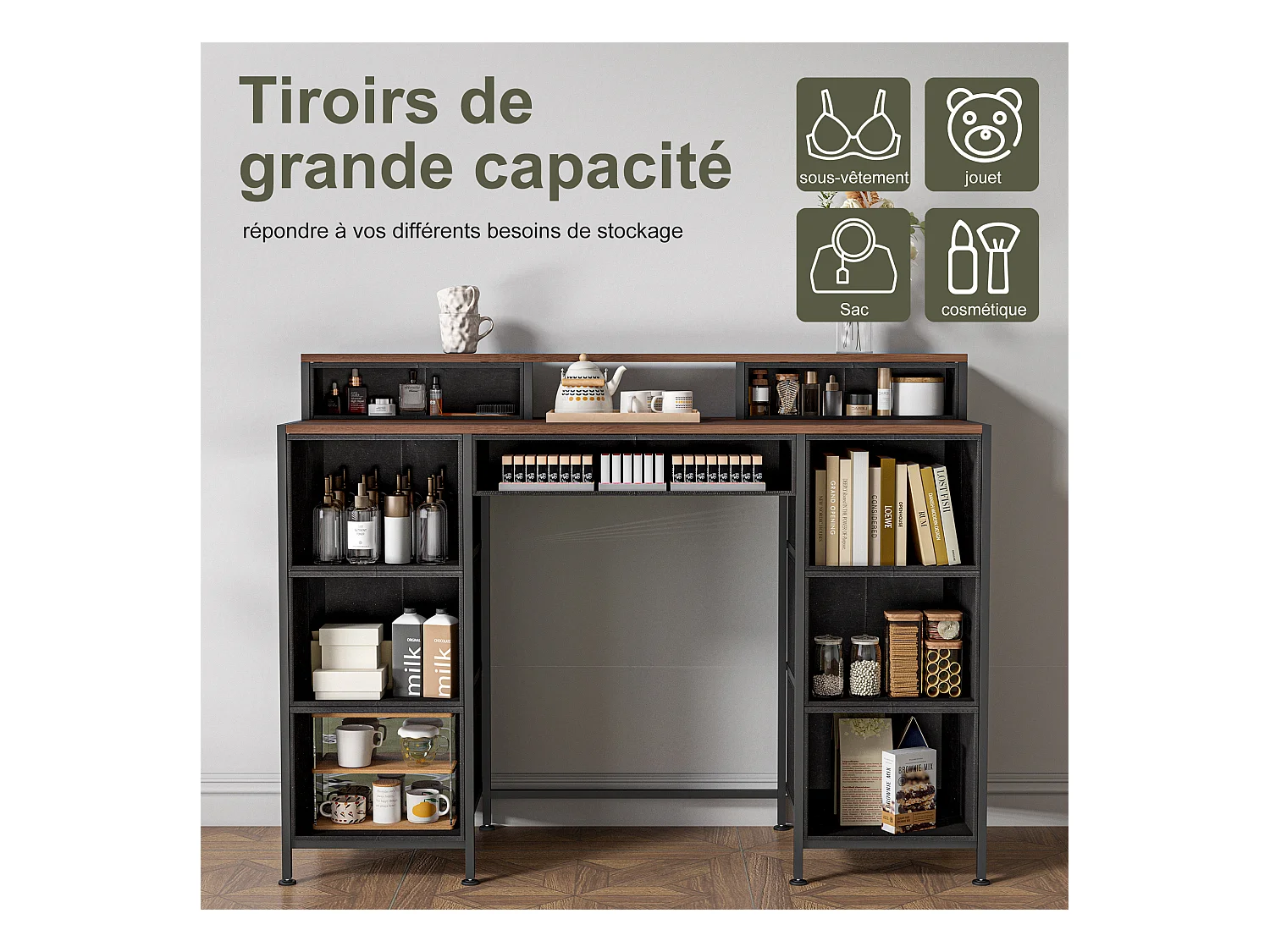 Coiffeuse avec 9 tiroirs en tissu, style bohème, coiffeuse, chambre à coucher, Commode longue pour placard, 121 x 40 x 91,2 cm