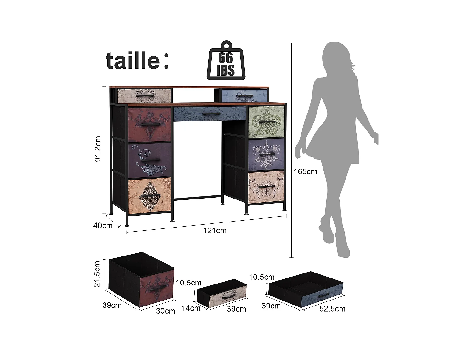 Coiffeuse avec 9 tiroirs en tissu, style bohème, coiffeuse, chambre à coucher, Commode longue pour placard, 121 x 40 x 91,2 cm