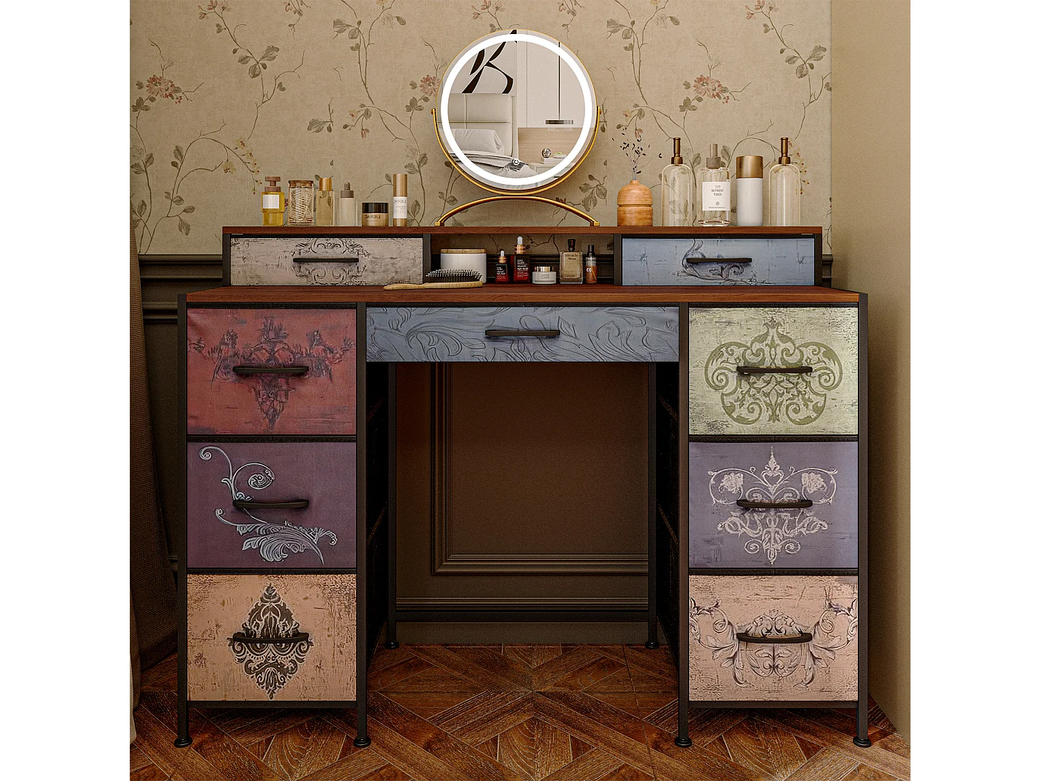 Coiffeuse avec 9 tiroirs en tissu, style bohème, coiffeuse, chambre à coucher, Commode longue pour placard, 121 x 40 x 91,2 cm