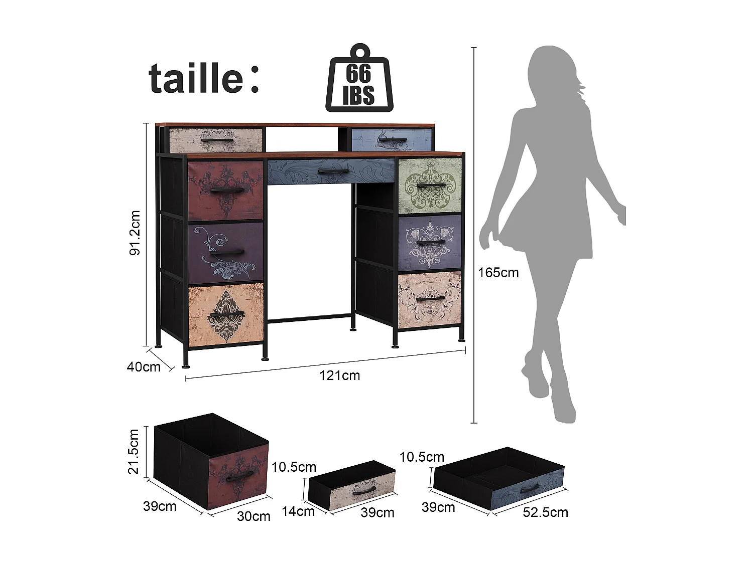 Coiffeuse avec 9 tiroirs en tissu, style bohème, coiffeuse, chambre à coucher, Commode longue pour placard, 121 x 40 x 91,2 cm