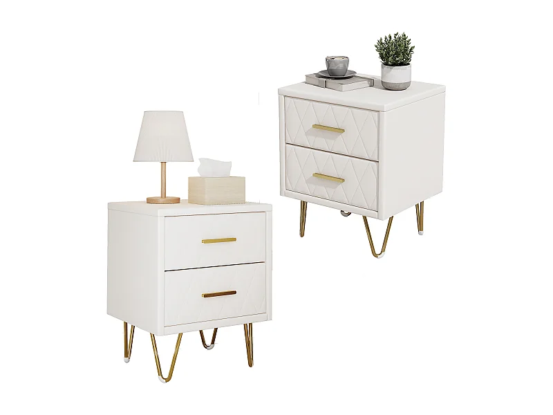 Table de Chevet avec 2 Tiroirs, Lot de 2 Table de Chevet Table d'Appoint avec Pieds et Poignées en Métal Doré, Beige