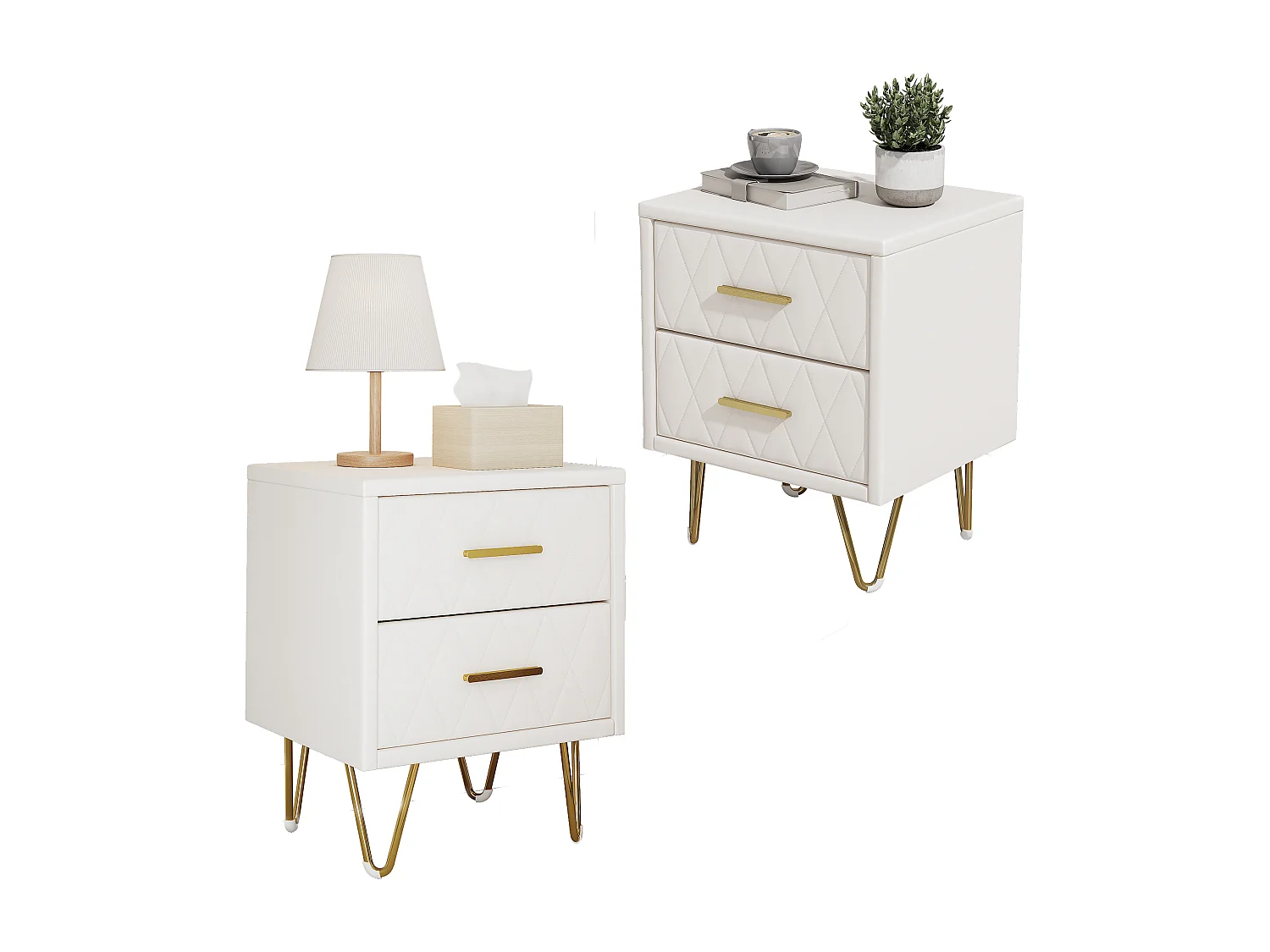 Table de Chevet avec 2 Tiroirs, Lot de 2 Table de Chevet Table d'Appoint avec Pieds et Poignées en Métal Doré, Beige