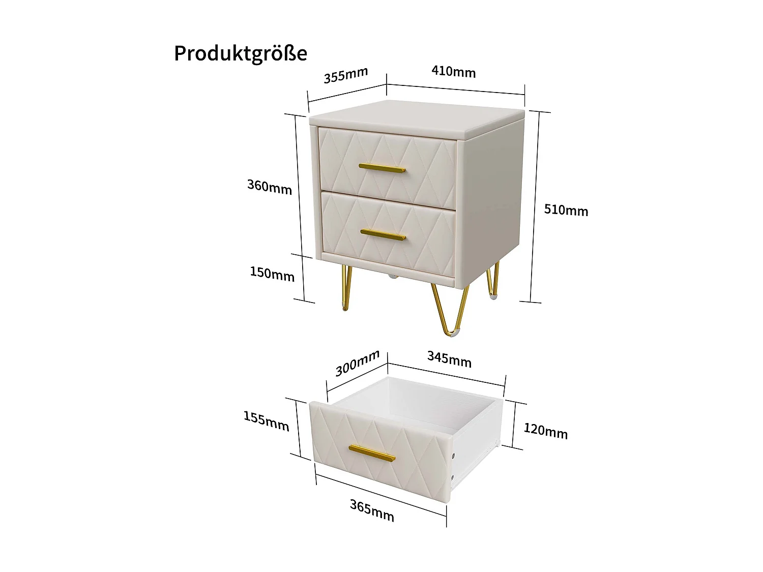 Table de Chevet avec 2 Tiroirs, Lot de 2 Table de Chevet Table d'Appoint avec Pieds et Poignées en Métal Doré, Beige
