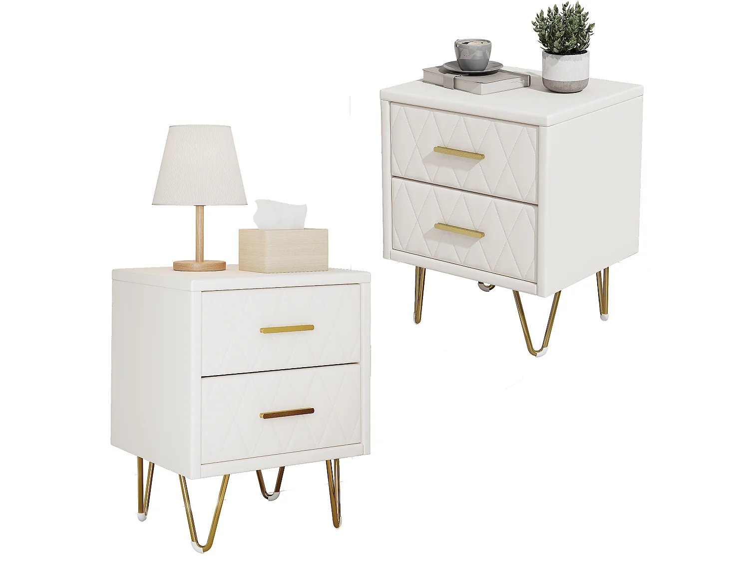 Table de Chevet avec 2 Tiroirs, Lot de 2 Table de Chevet Table d'Appoint avec Pieds et Poignées en Métal Doré, Beige