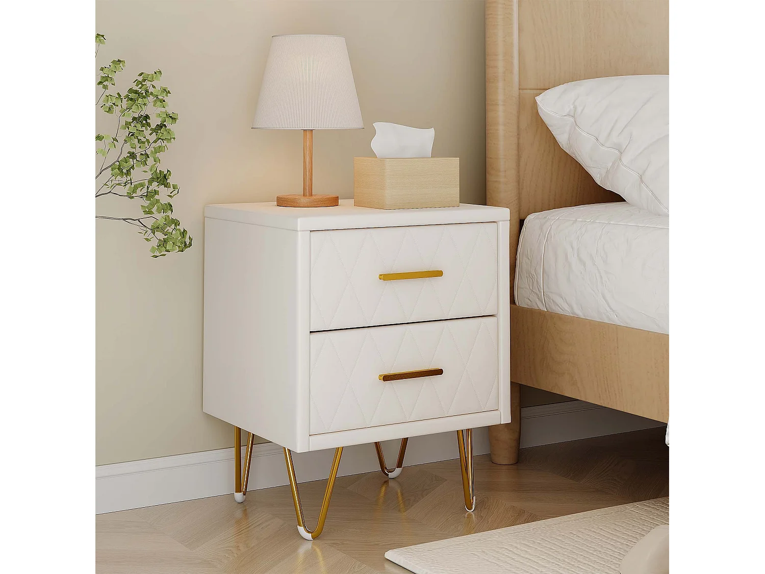 Table de Chevet avec 2 Tiroirs, Lot de 2 Table de Chevet Table d'Appoint avec Pieds et Poignées en Métal Doré, Beige