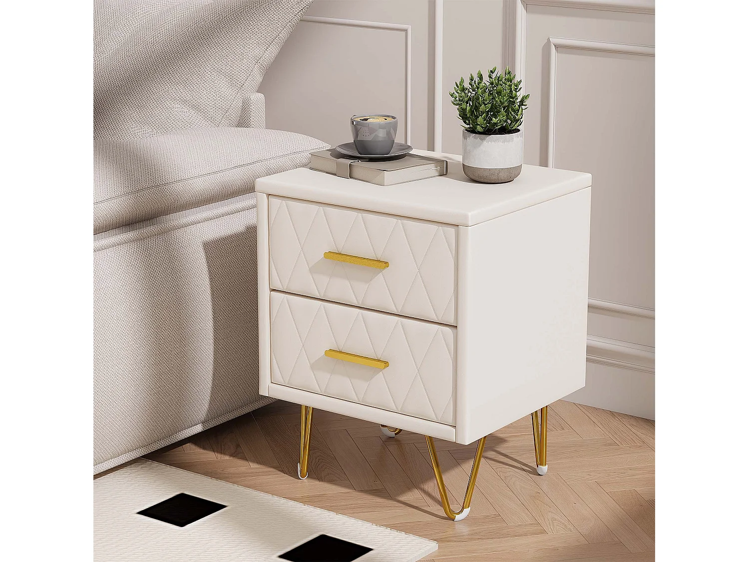 Table de Chevet avec 2 Tiroirs, Lot de 2 Table de Chevet Table d'Appoint avec Pieds et Poignées en Métal Doré, Beige