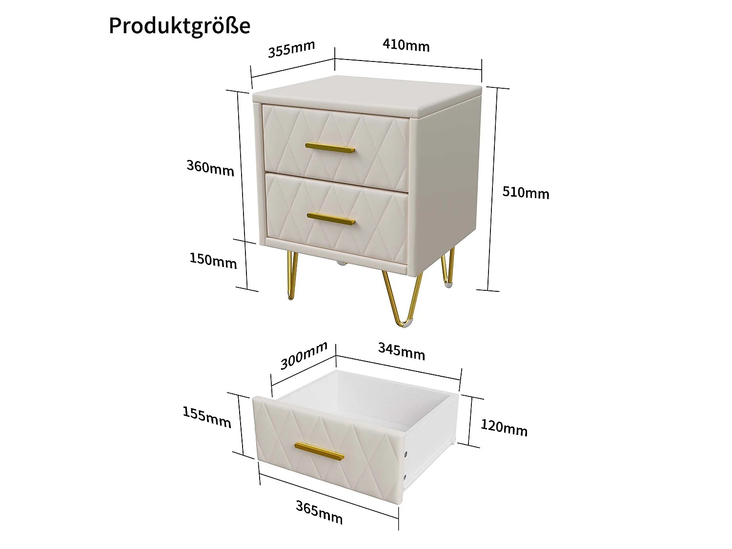 Table de Chevet avec 2 Tiroirs, Lot de 2 Table de Chevet Table d'Appoint avec Pieds et Poignées en Métal Doré, Beige