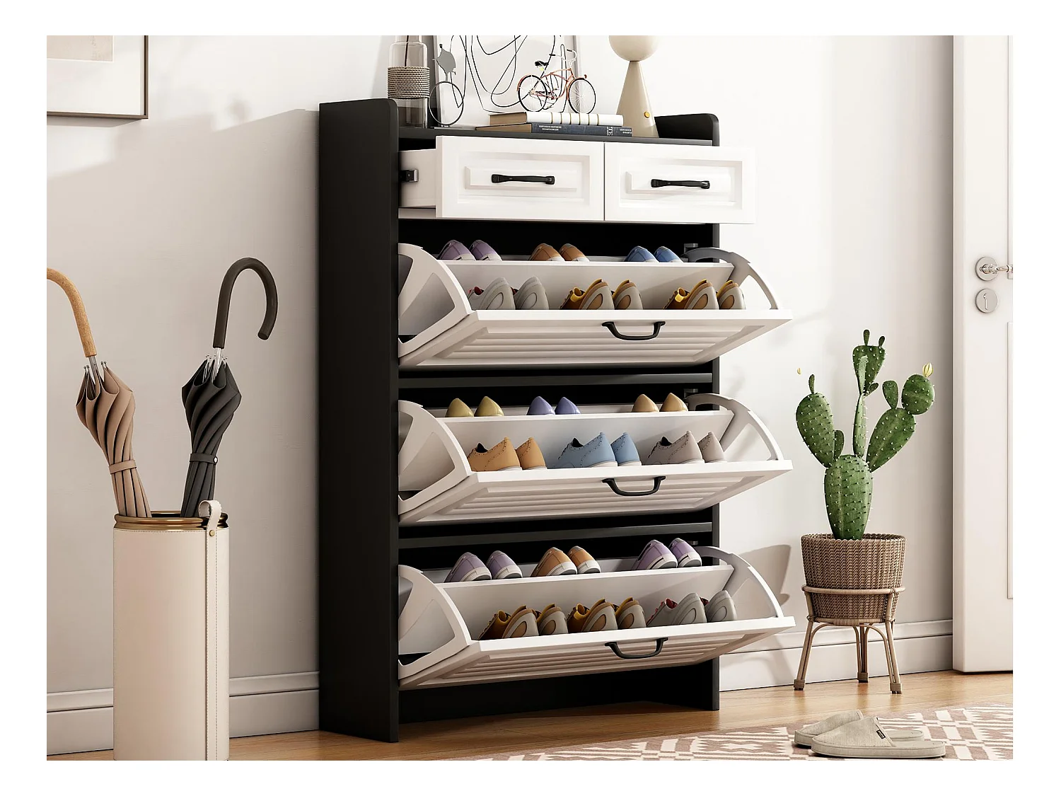 Meuble à chaussures 80x23.5x131cm - avec trois grands abattants - avec 2 tiroirs - noir + blanc