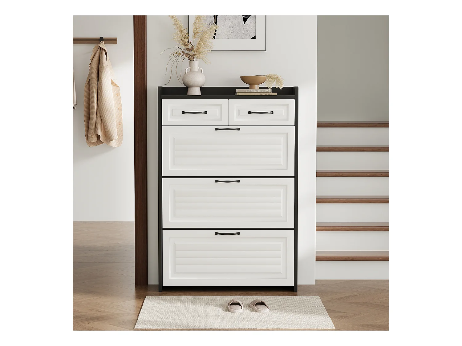 Meuble à chaussures 80x23.5x131cm - avec trois grands abattants - avec 2 tiroirs - noir + blanc