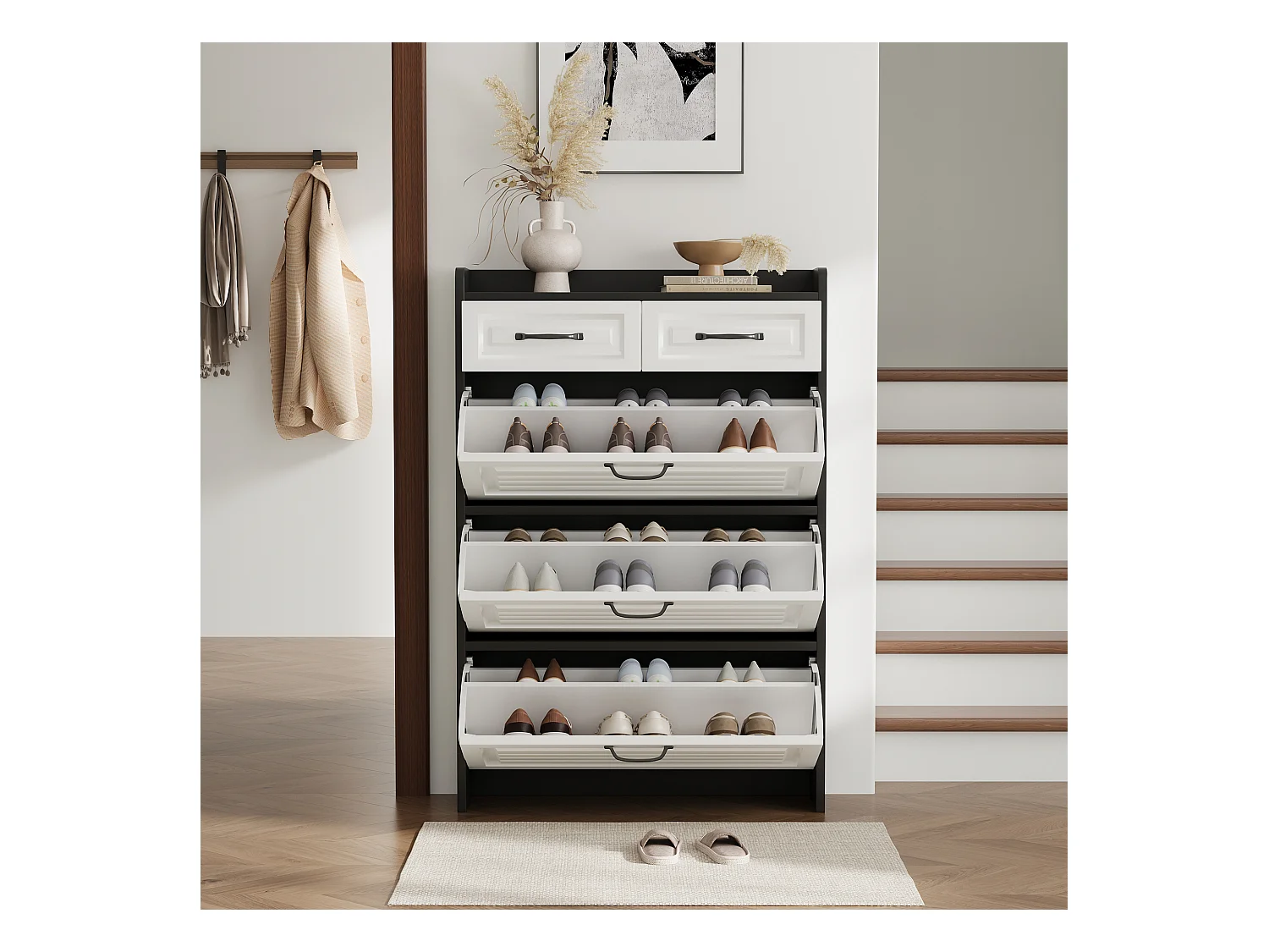 Meuble à chaussures 80x23.5x131cm - avec trois grands abattants - avec 2 tiroirs - noir + blanc