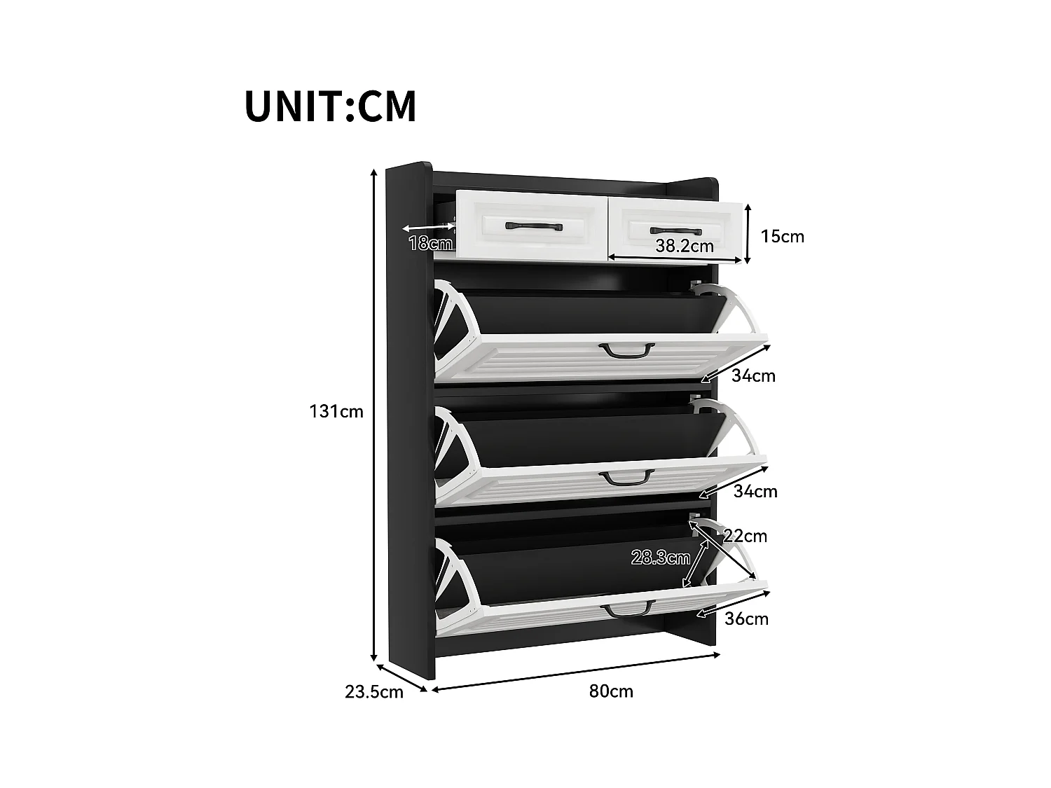 Meuble à chaussures 80x23.5x131cm - avec trois grands abattants - avec 2 tiroirs - noir + blanc