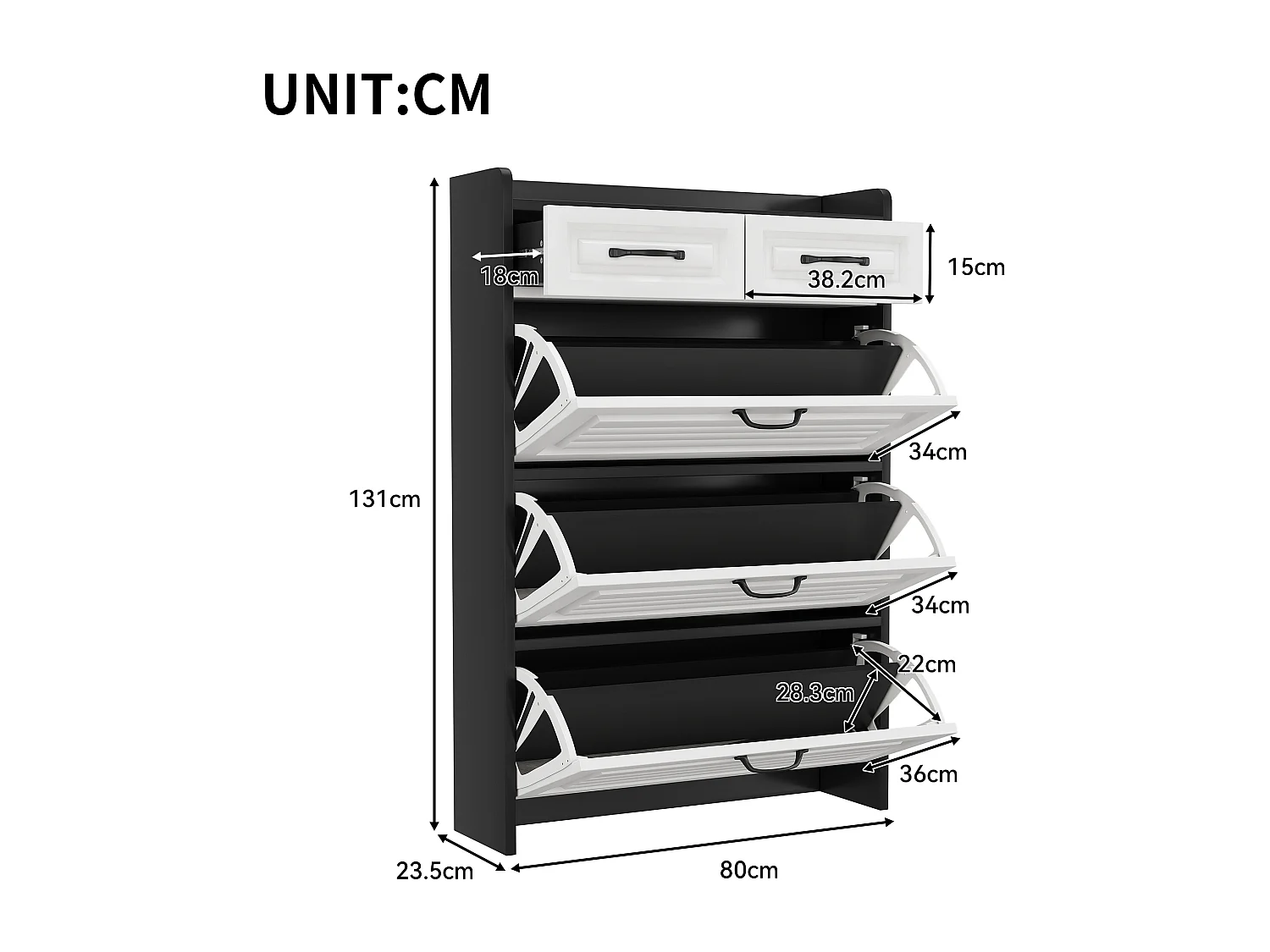 Schuhschrank 80x23.5x131 cm - mit drei großen Klapptüren - mit 2 Schubladen - schwarz + weiß