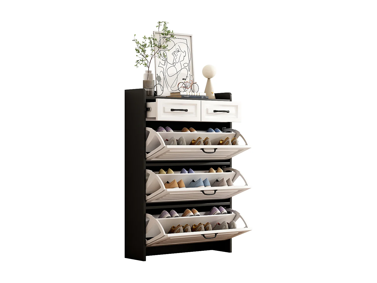 Schuhschrank 80x23.5x131 cm - mit drei großen Klapptüren - mit 2 Schubladen - schwarz + weiß