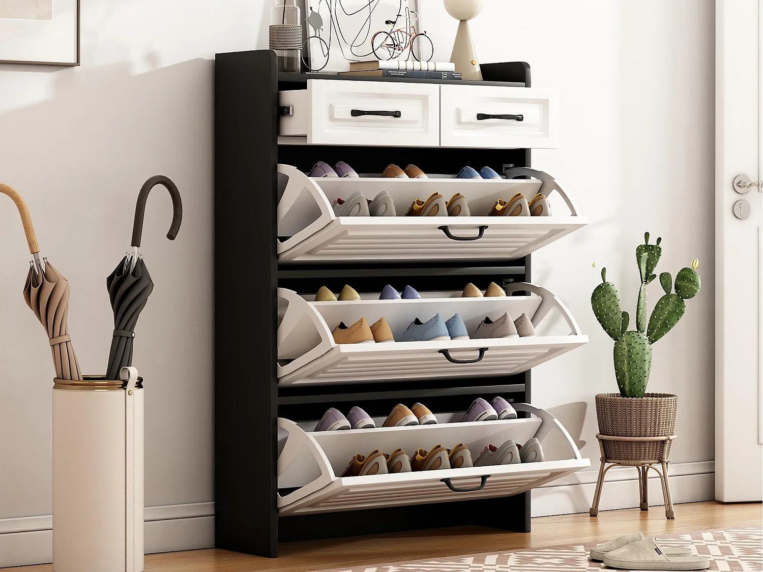 Schoenmeubel 80x23.5x131 cm - met drie grote klepdeuren - met 2 laden - zwart + wit