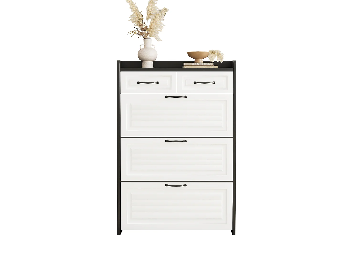 Schoenmeubel 80x23.5x131 cm - met drie grote klepdeuren - met 2 laden - zwart + wit