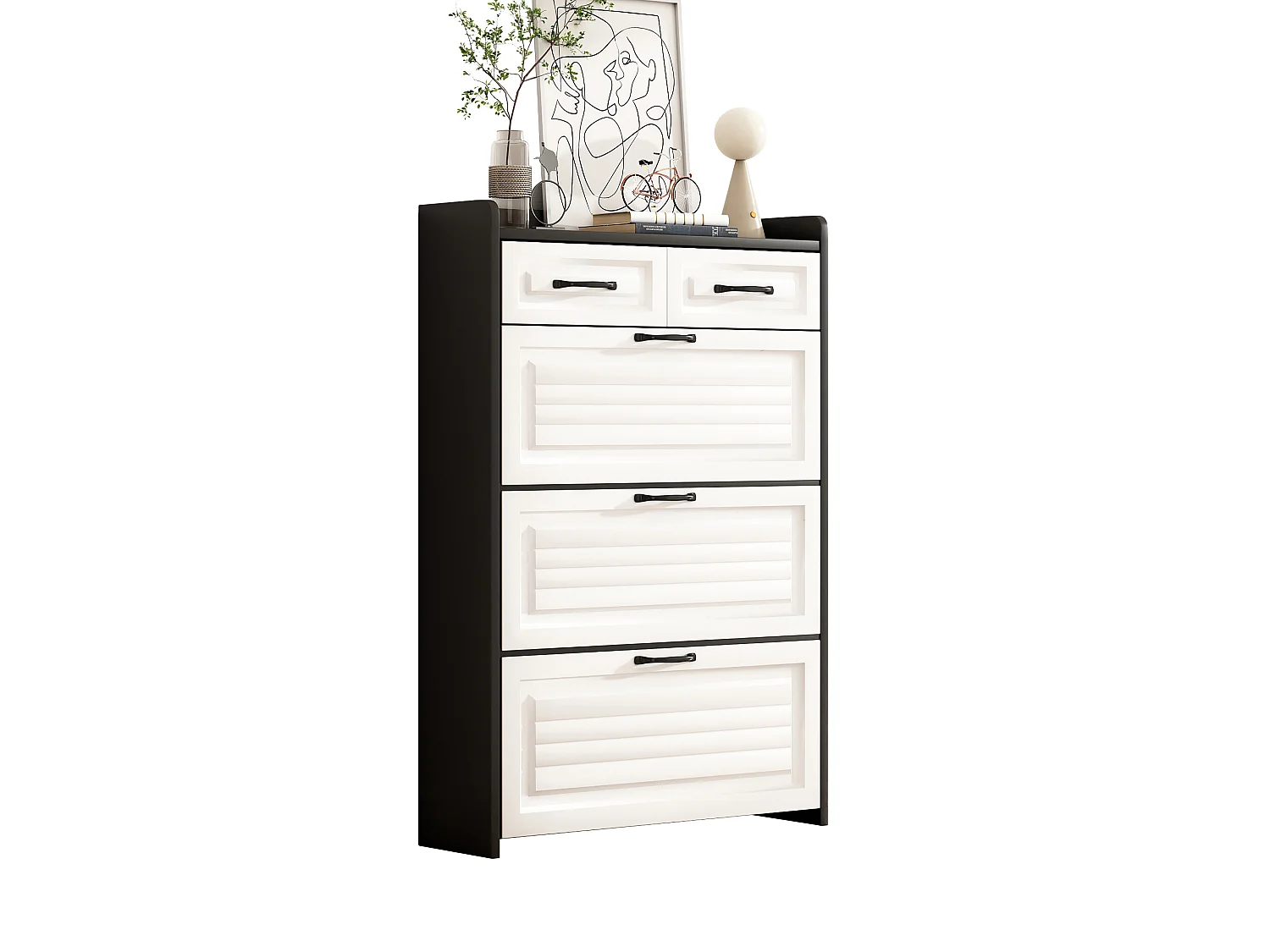 Schoenmeubel 80x23.5x131 cm - met drie grote klepdeuren - met 2 laden - zwart + wit