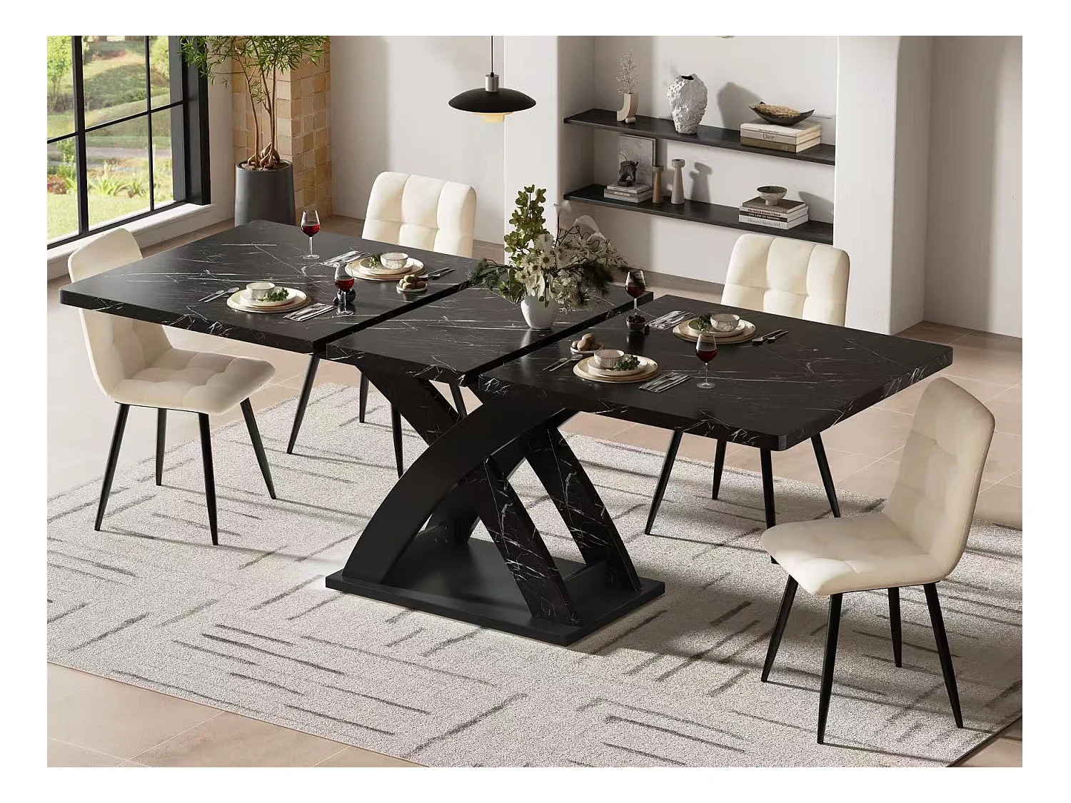 Table à manger extensible 120-160x80x75cm - 6 à 8 personnes - MDF + métal - Noir