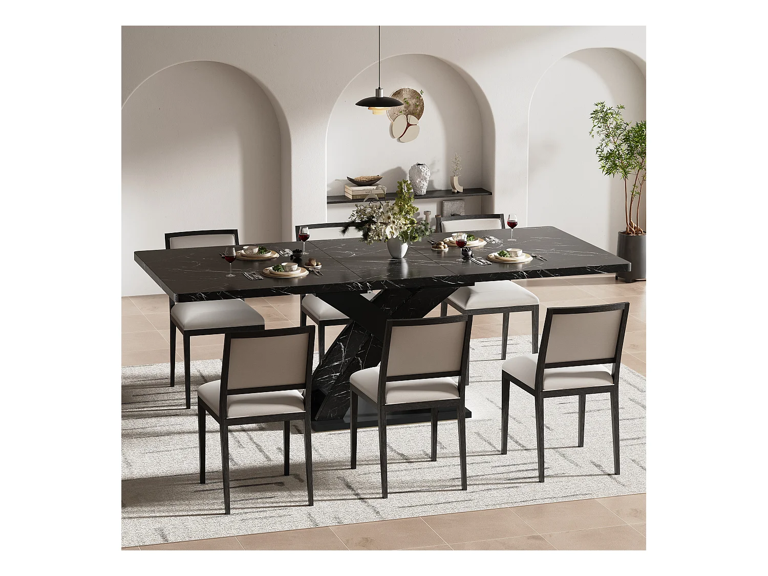 Table à manger extensible 120-160x80x75cm - 6 à 8 personnes - MDF + métal - Noir