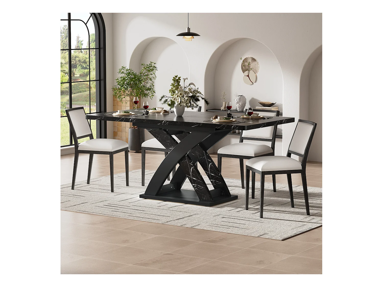 Table à manger extensible 120-160x80x75cm - 6 à 8 personnes - MDF + métal - Noir