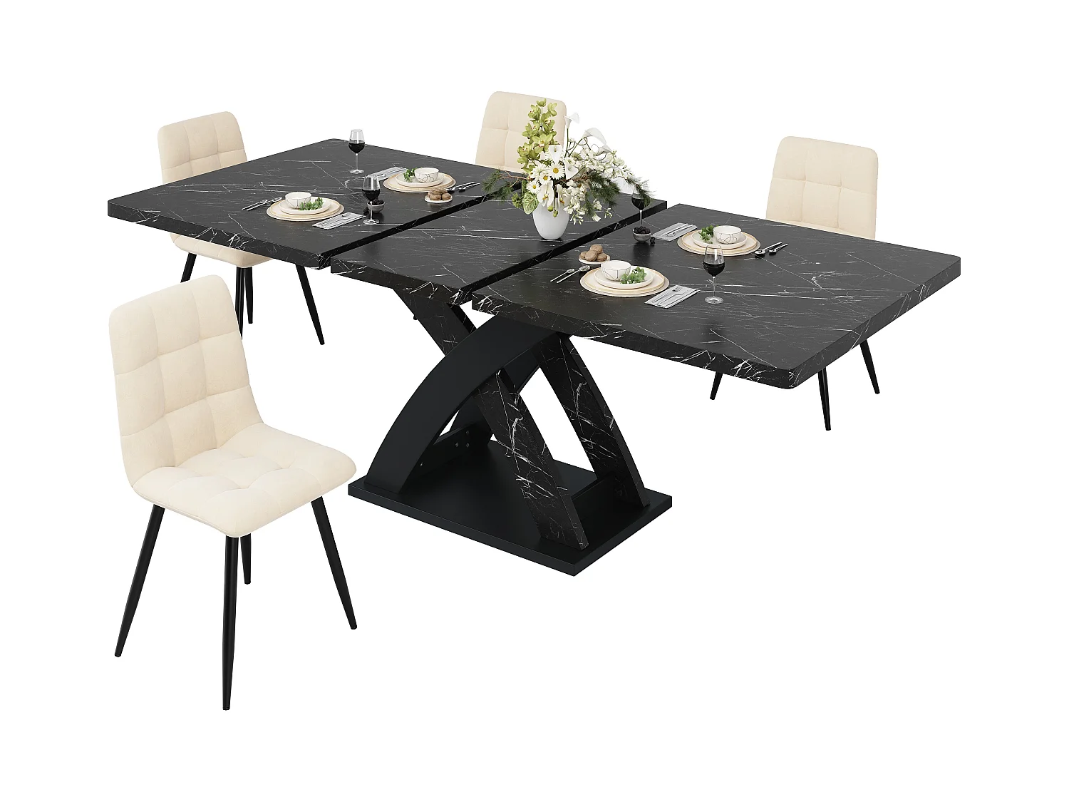 Table à manger extensible 120-160x80x75cm - 6 à 8 personnes - MDF + métal - Noir