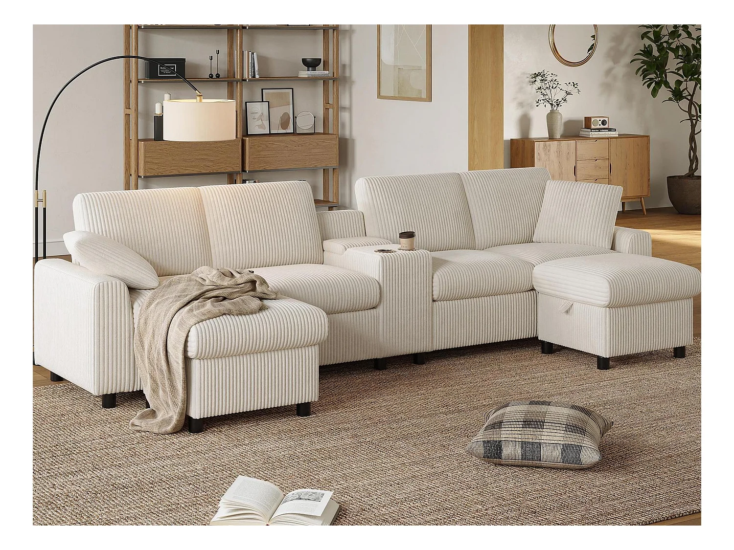 Canapé d'angle moderne en U -  avec USB et Type-C - avec 2 repose-pieds de rangement - avec 2 porte-gobelets - velours côtelé - Beige