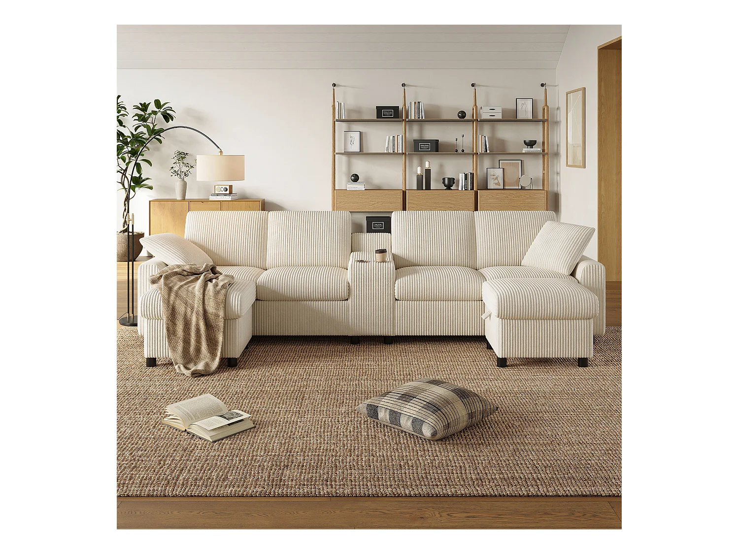 Canapé d'angle moderne en U -  avec USB et Type-C - avec 2 repose-pieds de rangement - avec 2 porte-gobelets - velours côtelé - Beige