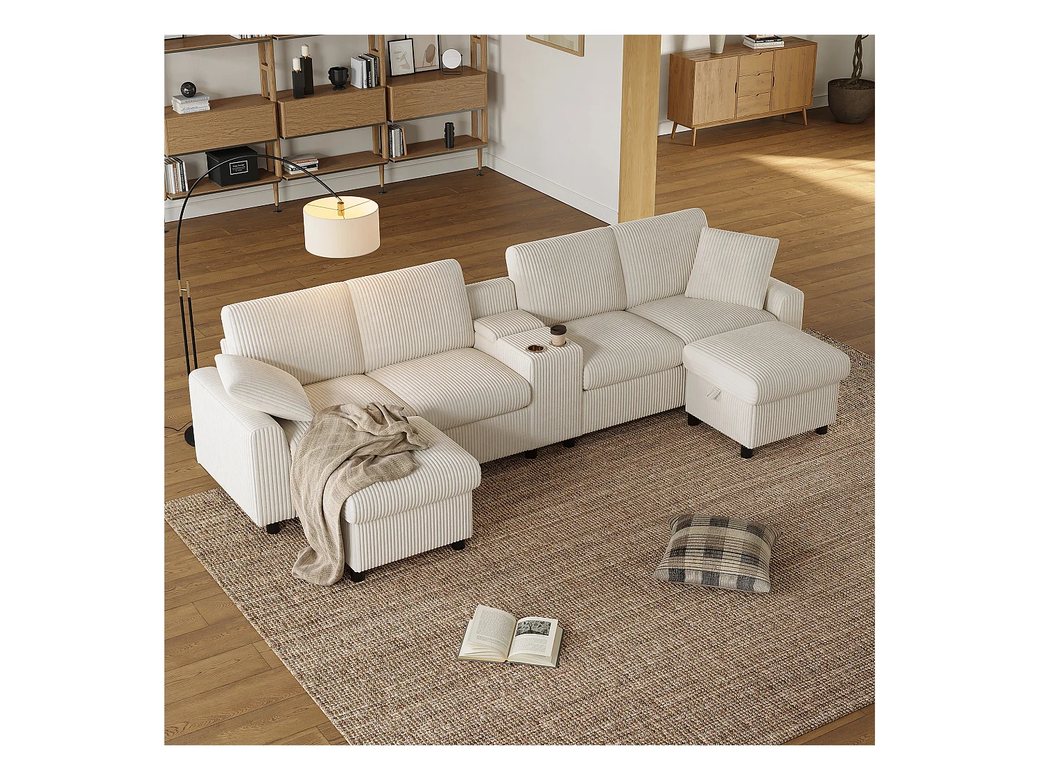 Canapé d'angle moderne en U -  avec USB et Type-C - avec 2 repose-pieds de rangement - avec 2 porte-gobelets - velours côtelé - Beige