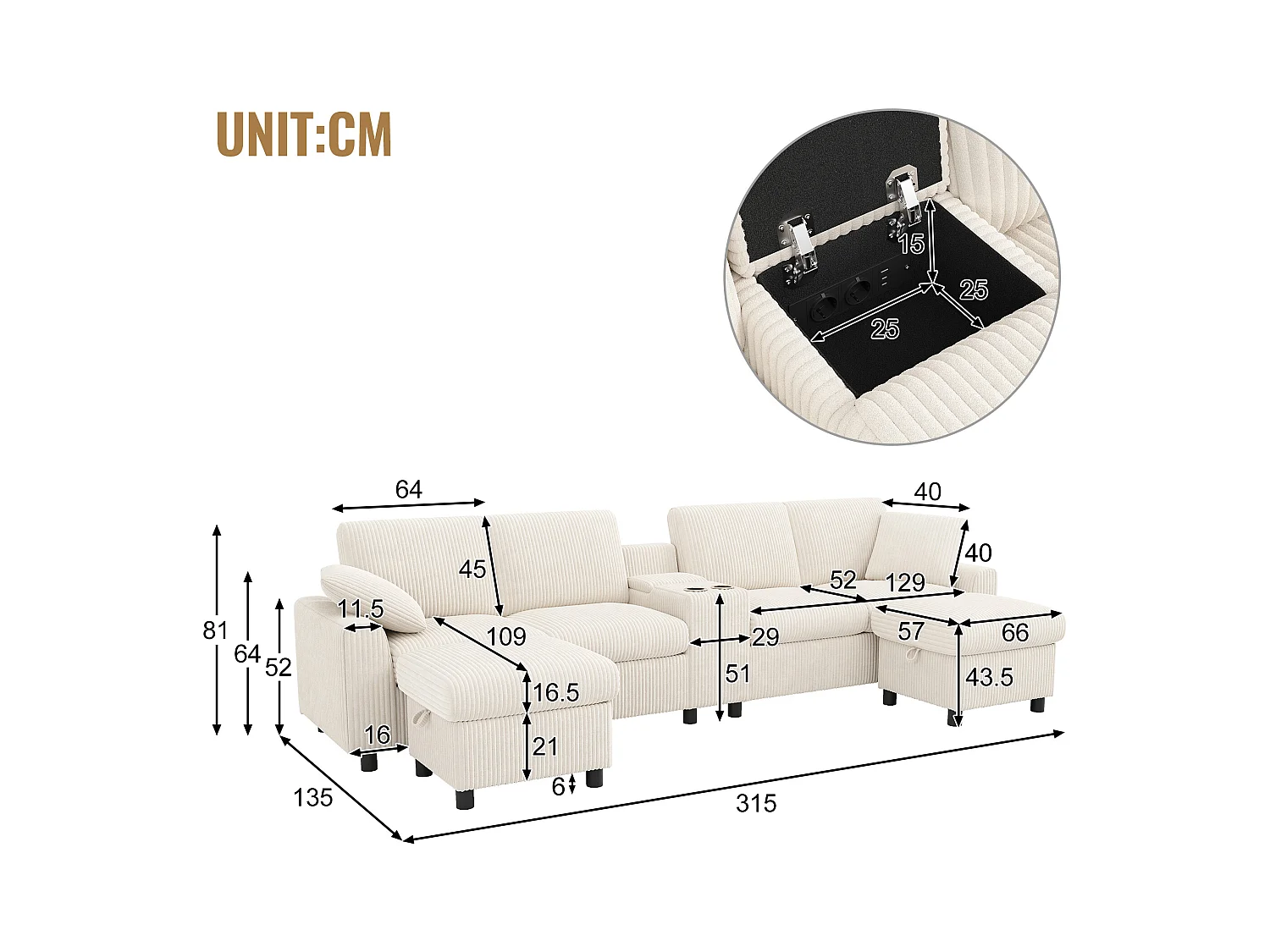 Canapé d'angle moderne en U -  avec USB et Type-C - avec 2 repose-pieds de rangement - avec 2 porte-gobelets - velours côtelé - Beige