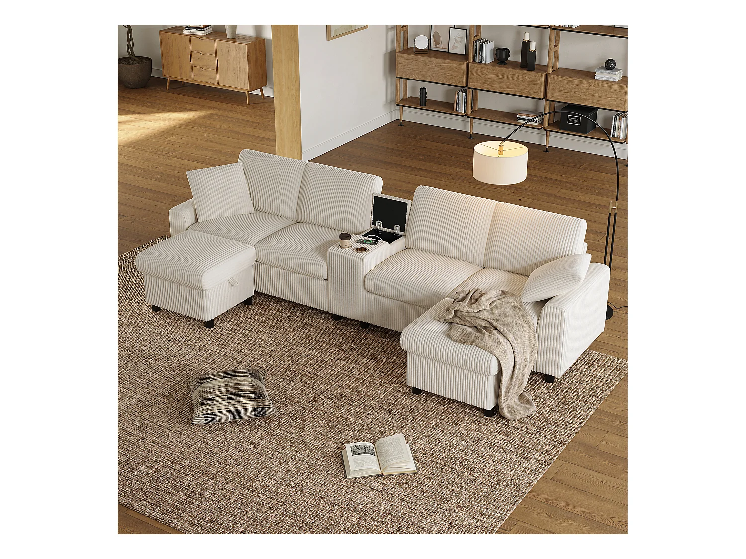 Canapé d'angle moderne en U -  avec USB et Type-C - avec 2 repose-pieds de rangement - avec 2 porte-gobelets - velours côtelé - Beige