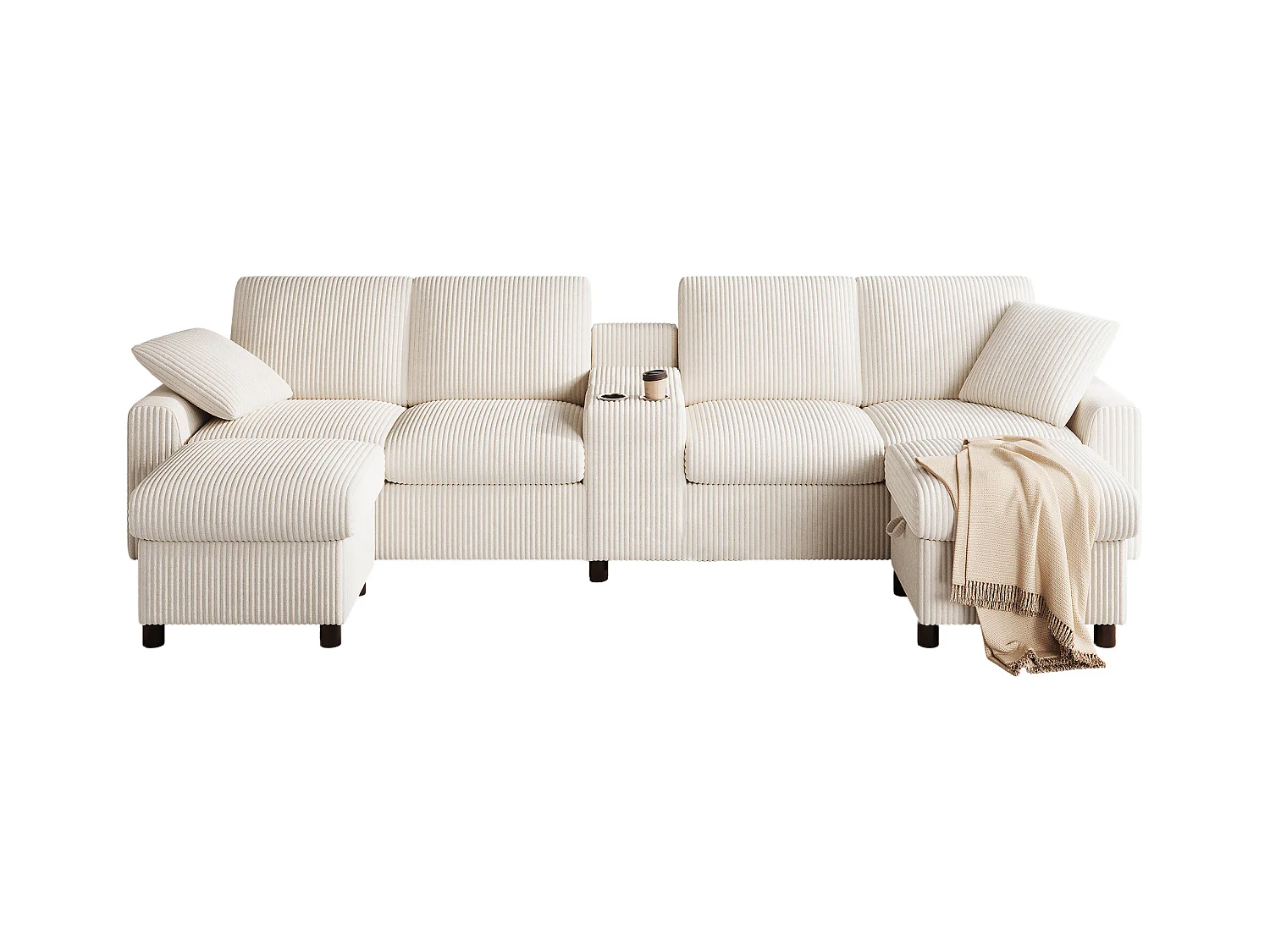 Canapé d'angle moderne en U -  avec USB et Type-C - avec 2 repose-pieds de rangement - avec 2 porte-gobelets - velours côtelé - Beige