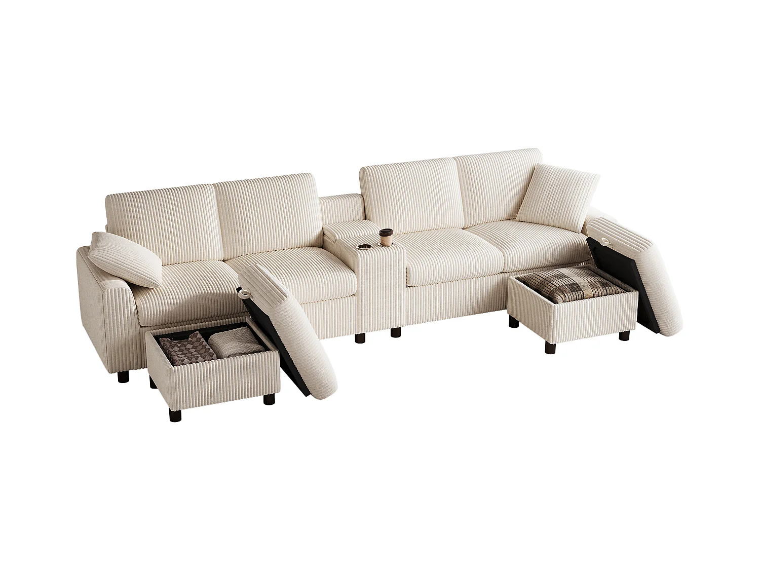 Canapé d'angle moderne en U -  avec USB et Type-C - avec 2 repose-pieds de rangement - avec 2 porte-gobelets - velours côtelé - Beige