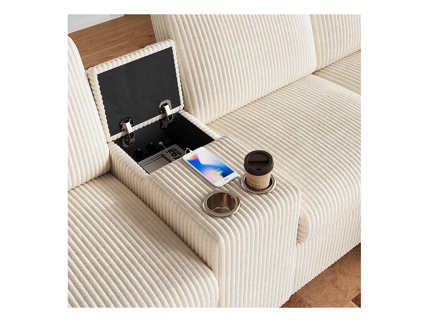 Canapé d'angle moderne en U -  avec USB et Type-C - avec 2 repose-pieds de rangement - avec 2 porte-gobelets - velours côtelé - Beige