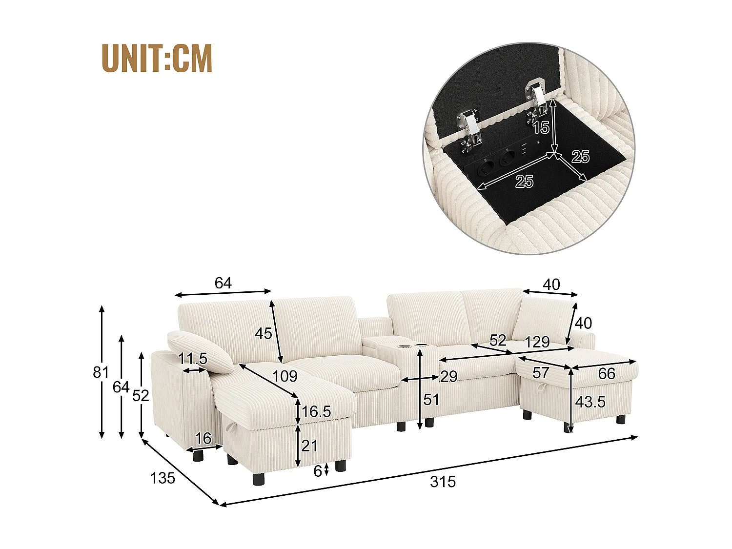 Divano angolare moderno a U - con USB e Type-C - con 2 poggiapiedi con ripostiglio - con 2 portabicchieri - velluto a coste - Beige