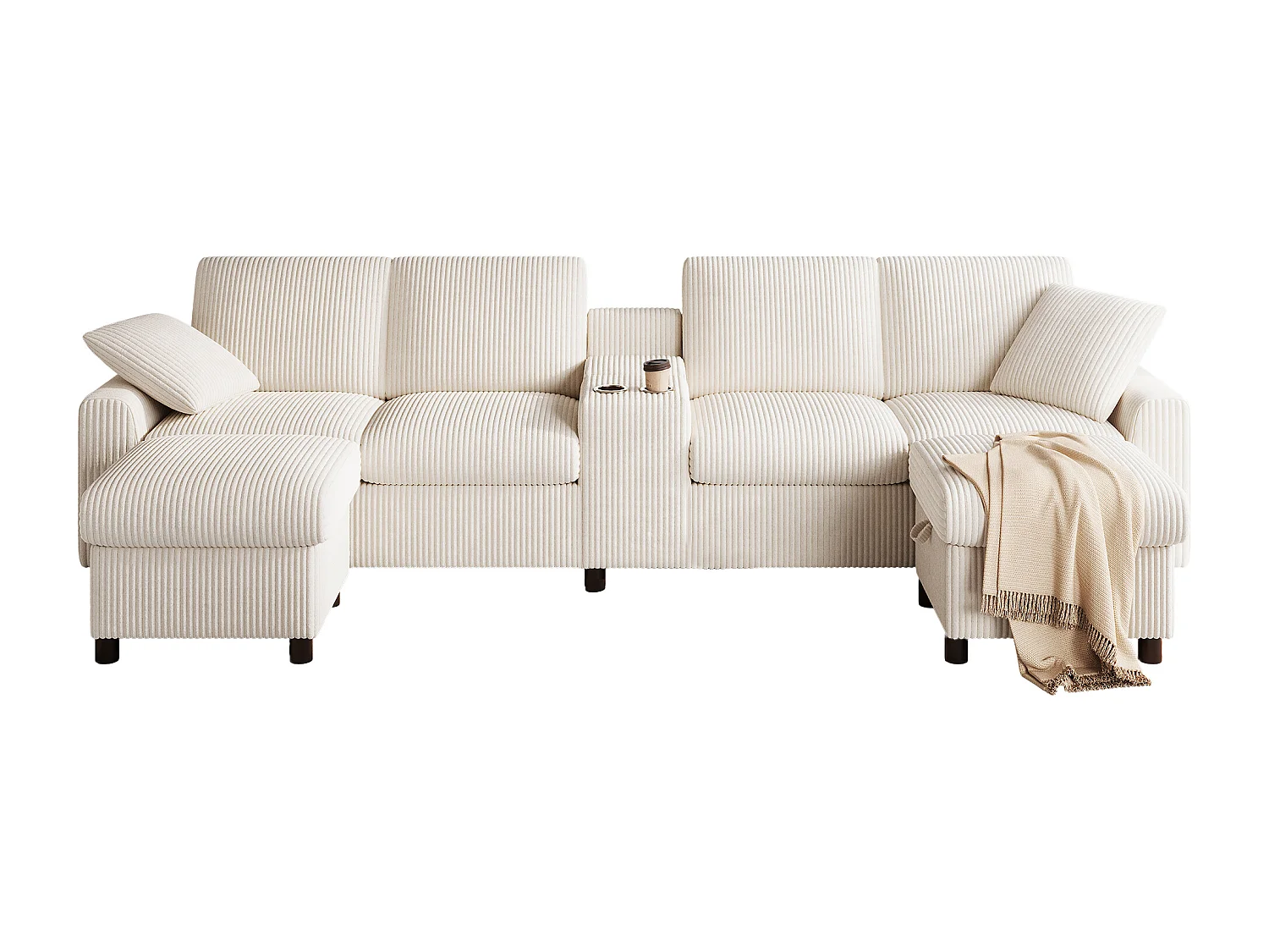 Divano angolare moderno a U - con USB e Type-C - con 2 poggiapiedi con ripostiglio - con 2 portabicchieri - velluto a coste - Beige