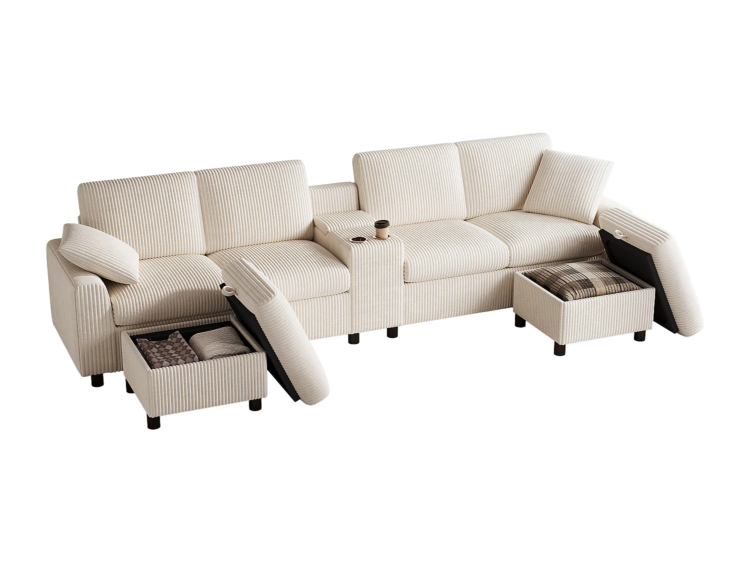 Divano angolare moderno a U - con USB e Type-C - con 2 poggiapiedi con ripostiglio - con 2 portabicchieri - velluto a coste - Beige