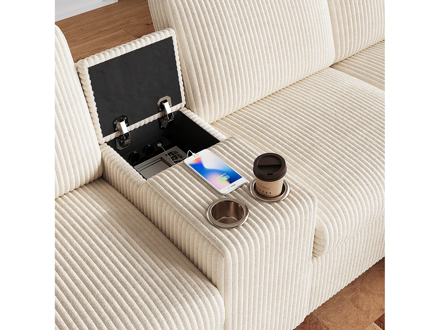 Divano angolare moderno a U - con USB e Type-C - con 2 poggiapiedi con ripostiglio - con 2 portabicchieri - velluto a coste - Beige