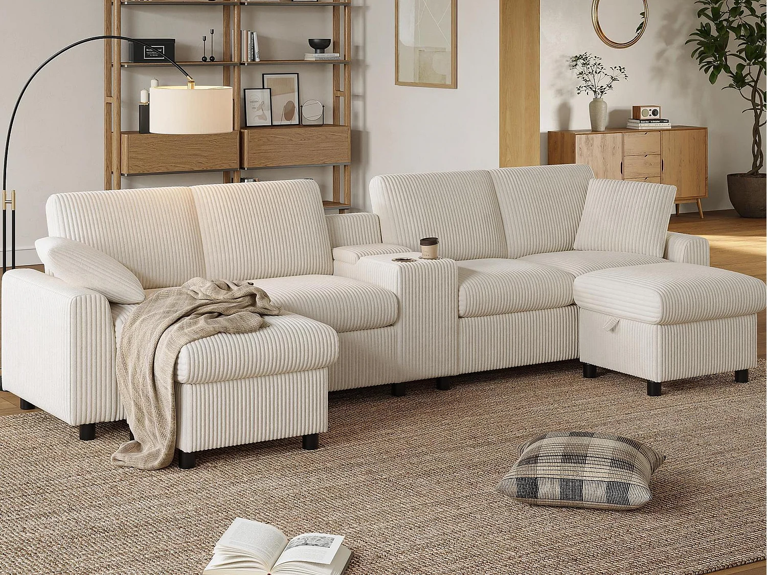 Moderne hoekbank in U-vorm - met USB en Type-C - met 2 opbergvoetensteunen - met 2 drankhouders - ribfluweel - Beige