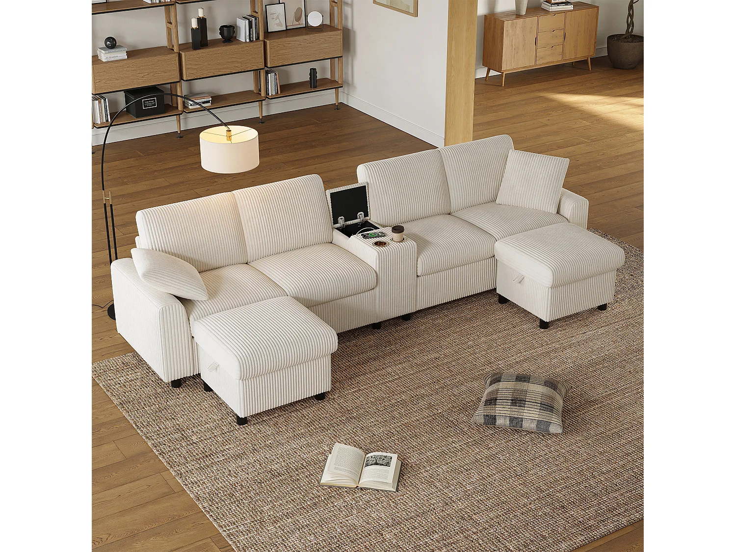 Moderne hoekbank in U-vorm - met USB en Type-C - met 2 opbergvoetensteunen - met 2 drankhouders - ribfluweel - Beige