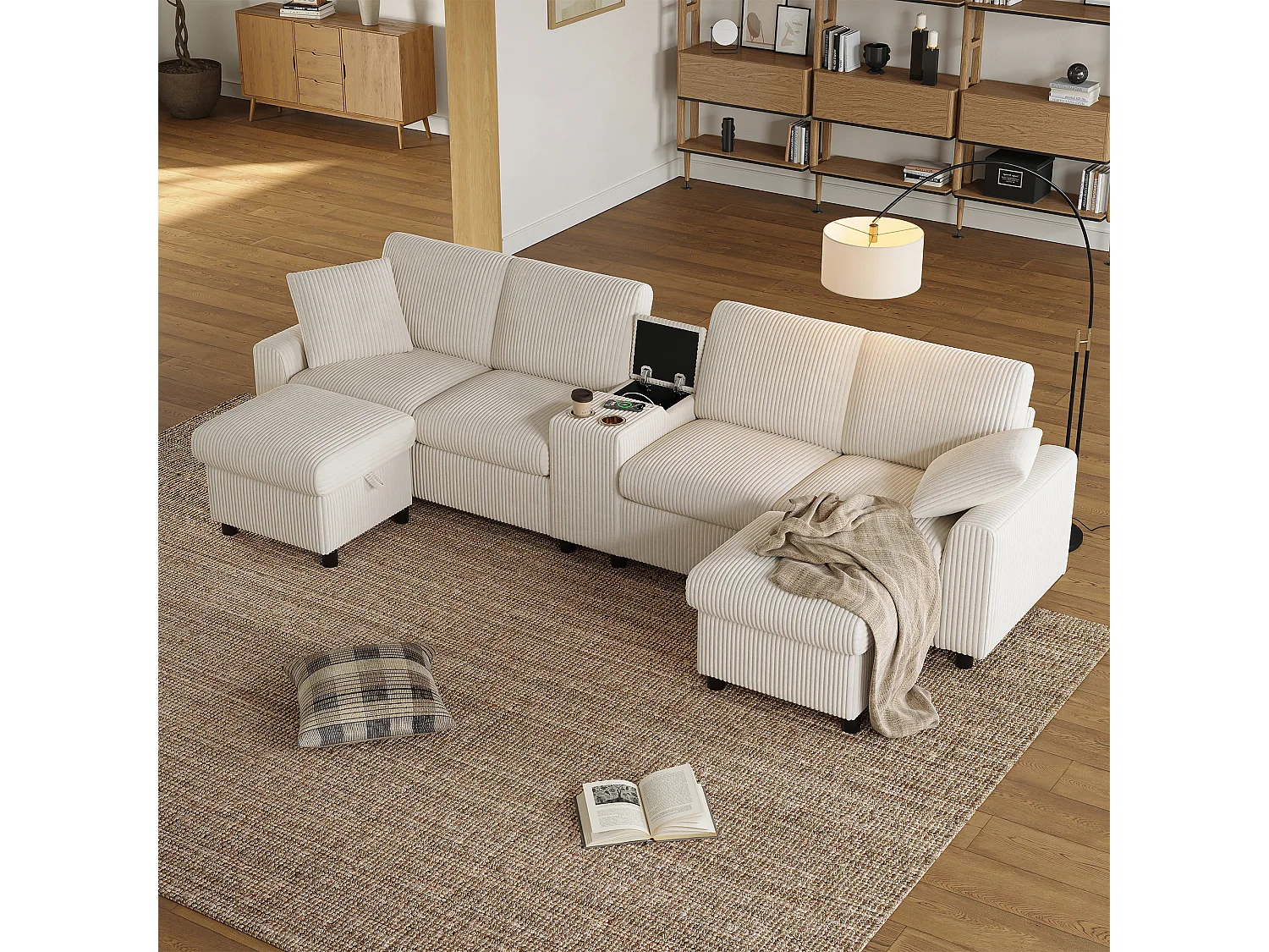 Moderne hoekbank in U-vorm - met USB en Type-C - met 2 opbergvoetensteunen - met 2 drankhouders - ribfluweel - Beige