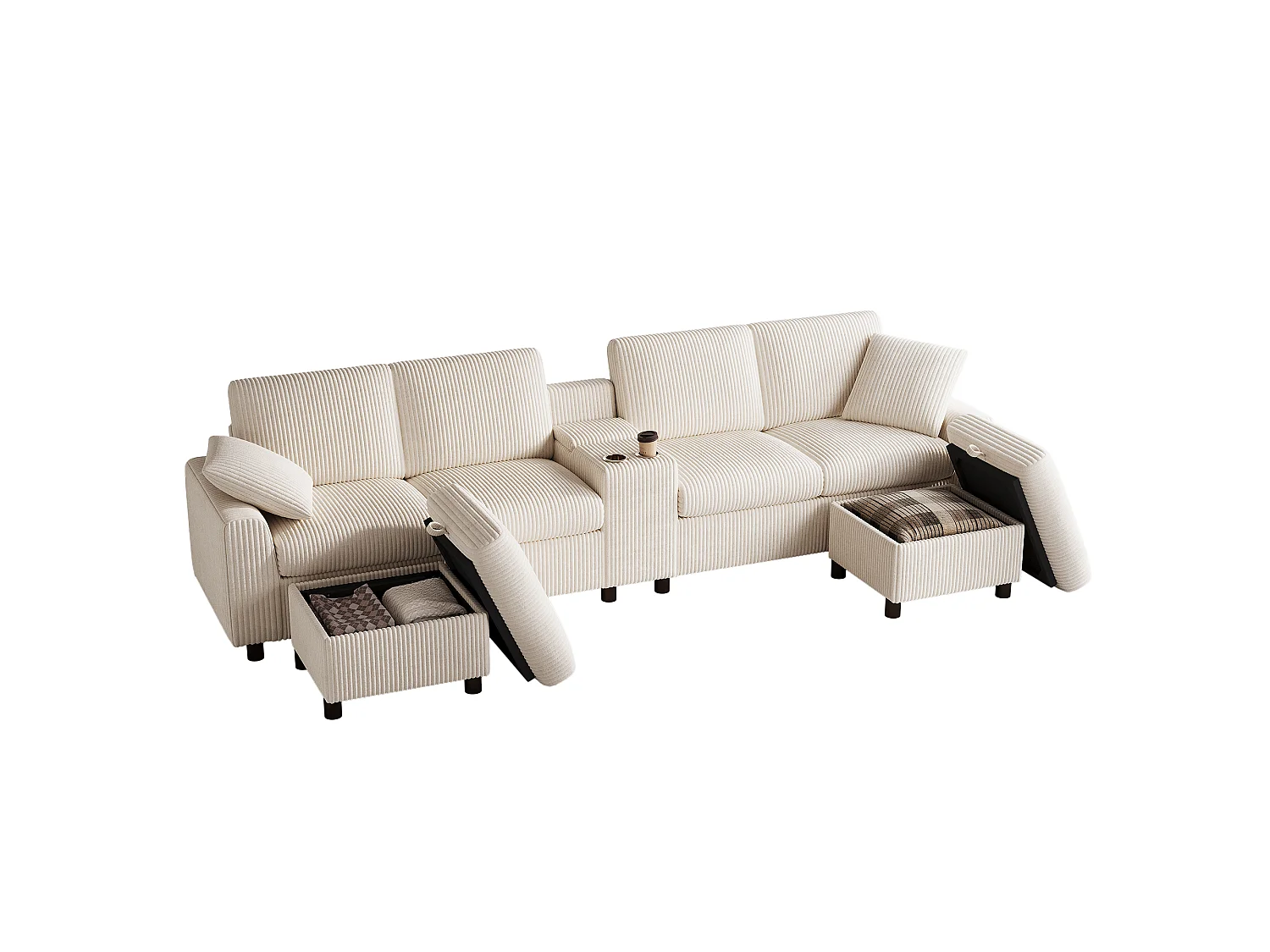 Moderne hoekbank in U-vorm - met USB en Type-C - met 2 opbergvoetensteunen - met 2 drankhouders - ribfluweel - Beige