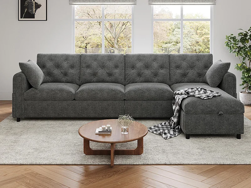 Sofá de canto moderno em L - Com espaço de armazenamento - Ajustável para esquerda e direita - Com bolsos laterais de armazenamento - Veludo - ​​Cinza​