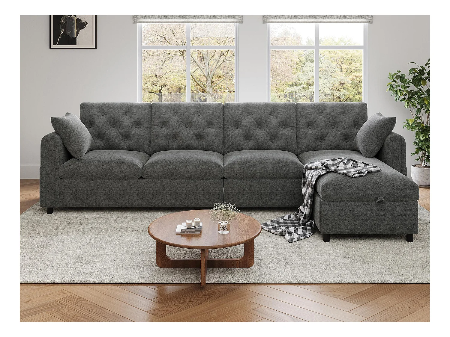 Sofá de canto moderno em L - Com espaço de armazenamento - Ajustável para esquerda e direita - Com bolsos laterais de armazenamento - Veludo - ​​Cinza​